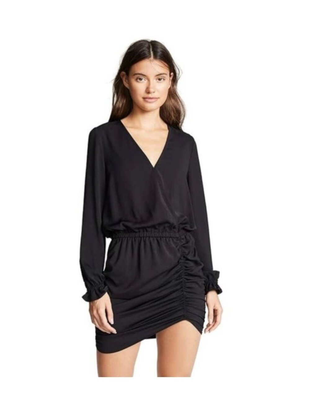 Ramy Brook Alec Dress Asymmetric Ruched Mini Long Sleeve Black LBD Small